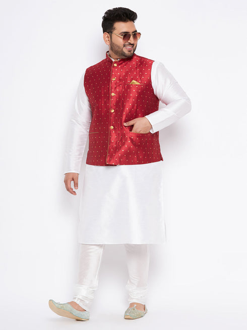Vastramay Men's Plus Size Maroon Zari Weaved Nehru Jacket With Kurta Pyjama set